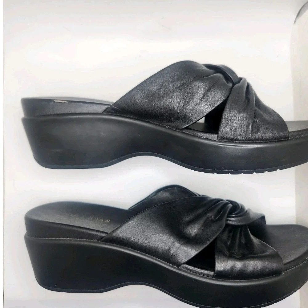Cole Haan Grand.OS Black Leather Twist Knot Wedge Platform Sandals W14026 Sz 8.5